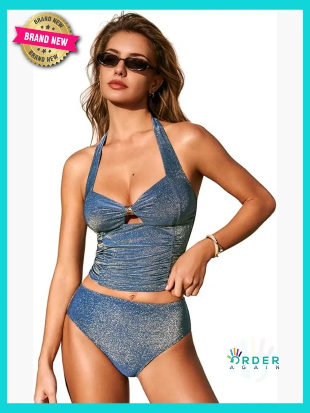 Shiny Tankini Set Two Piece Halter Tie Bathing Suit Sweetheart Neck Mid Rise